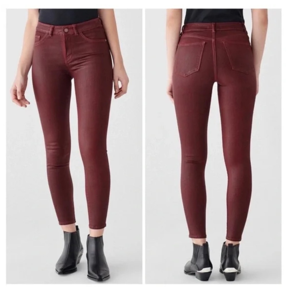 NWOT DL1961 Florence Instasculpt Ankle Midrise Coated Jeans, Leather Look, 27